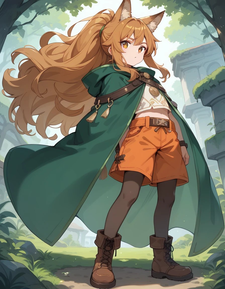 Wolf Girl, short,fine,Young girl, Olive Hair,ponytail, long hair,Fluffy hair , Unkempt Hair ,Big tail,Leather boots,Brown tights, orange shorts, plain cloth clothes ,green old cloak ,