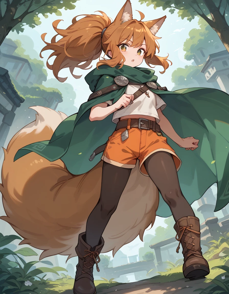 Wolf Girl, short,fine, Olive Hair,ponytail, long hair,Fluffy hair , Unkempt Hair ,Big tail,Leather boots,Brown tights, orange shorts, plain cloth clothes ,green old cloak ,