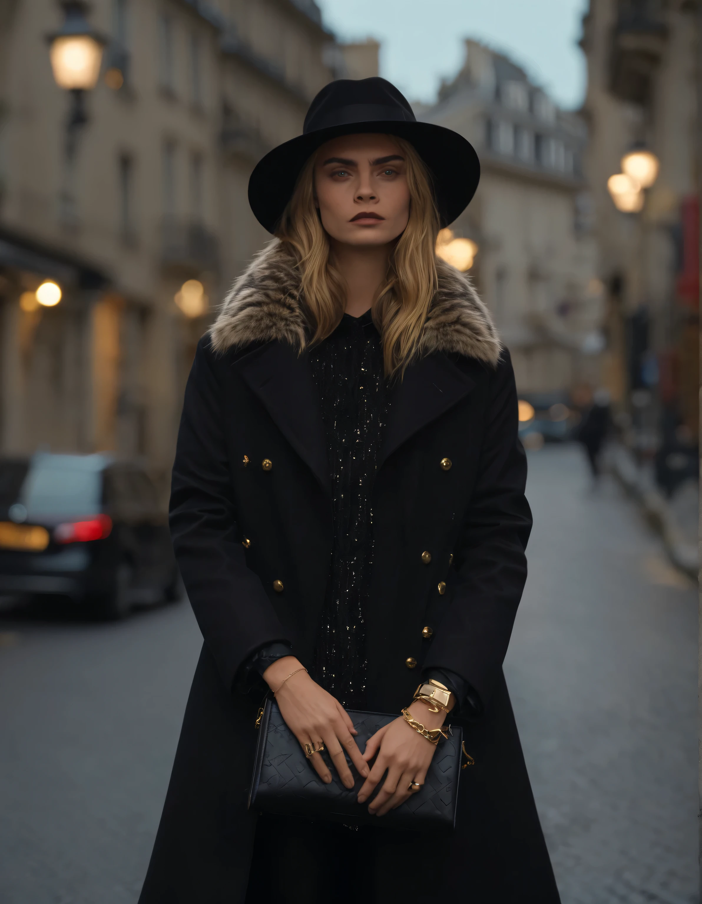 photo de Cara Delevigne, une casquette noire sur la tête, elle a l'air lasse et triste, ne porte pas de maquillage, il pleut un peu, assise sur des escaliers à Montmartre Paris  (((ohwx femme))) par Greg Rutkowski, trending on artstation. portrait très détaillé 8 k render with ultra - realistic unreal engine 5 and dslr lighting 3 2 mm f 1 6 ray traced depth of field cinematic lightning beautiful composition volumetric clouds light rays that are dripping off the ground closeup macro shot head to camera lens 4 0 mpx film grain high contrast chiaroscuro dramatic backlit smoke vignette hdr arn new movie still in a romantic comedy from 2022 space odyssey directed noir detective fiction anime masterpiece painted . photographie 35mm, film, Bokeh, professionnel, 4K, portrait très détaillé