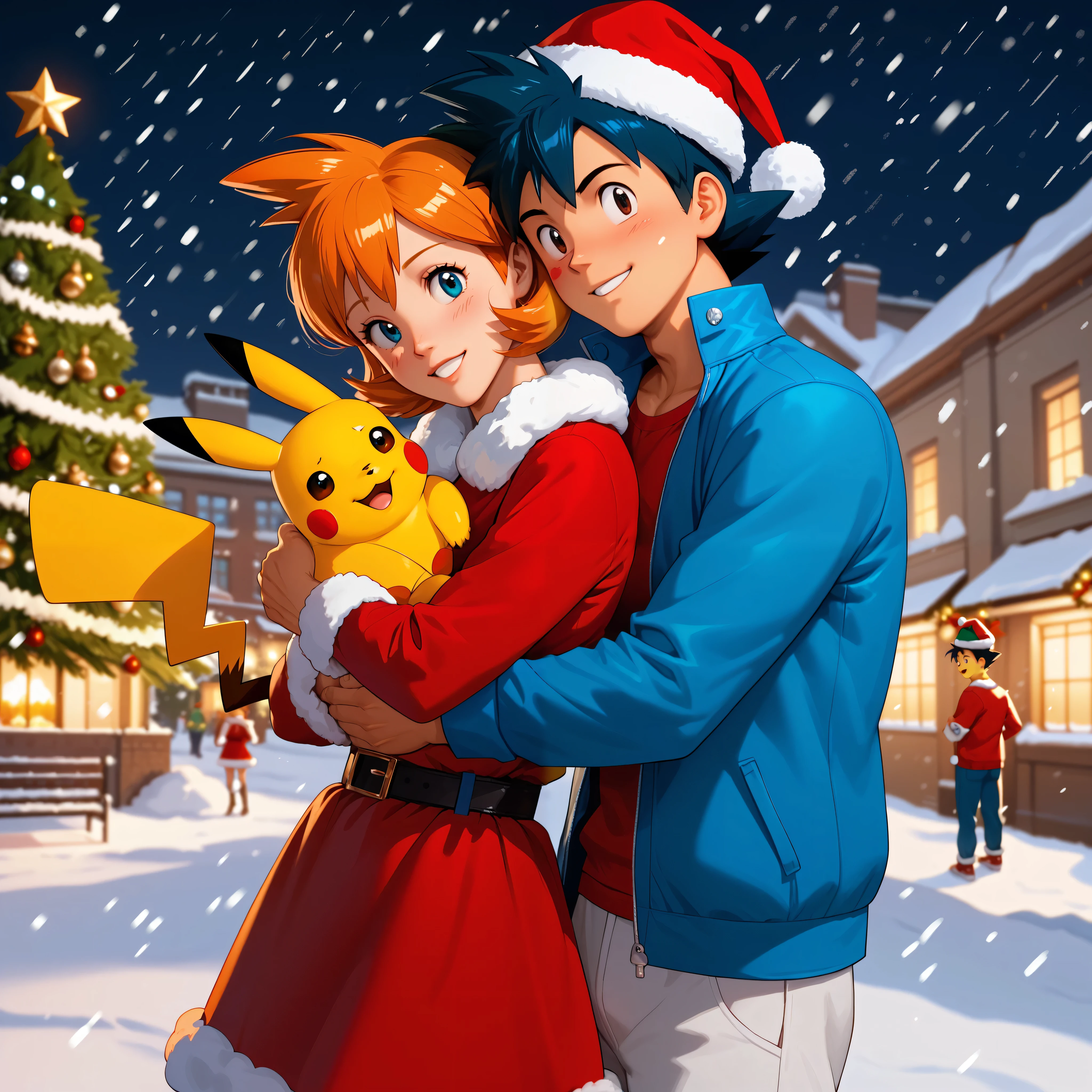 highly detailed, (couple), hetero, (duo focus), highres, 1man, 1woman, BREAK, 1man, ash ketchum, ashxyz, aged up, handsome boy, good looking boy, santa outfit, santa hat, pikachu, pikachu on his shoulder, hugging from behind, arms wrapped around girl, BREAK, 1woman, Misty_G, christmas outfit, looking at viewer, christmas tree, christmas decorations, christmas lights, christmas background, public city plaza, snow, snowing,