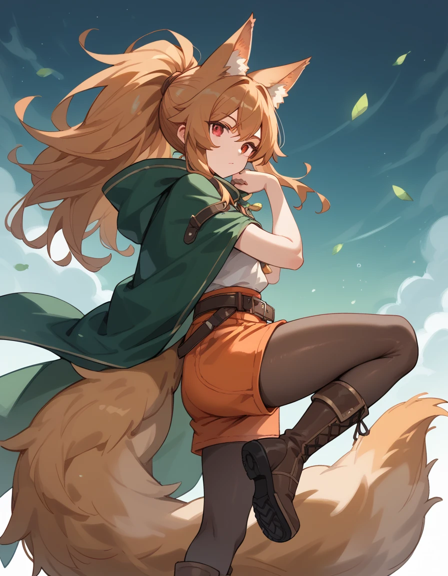 Wolf Girl, short,fine, Olive Hair, red eyes,ponytail, long hair,Fluffy hair , Unkempt Hair ,Big tail,Leather boots,Brown tights, orange shorts, plain cloth clothes ,green old cloak ,