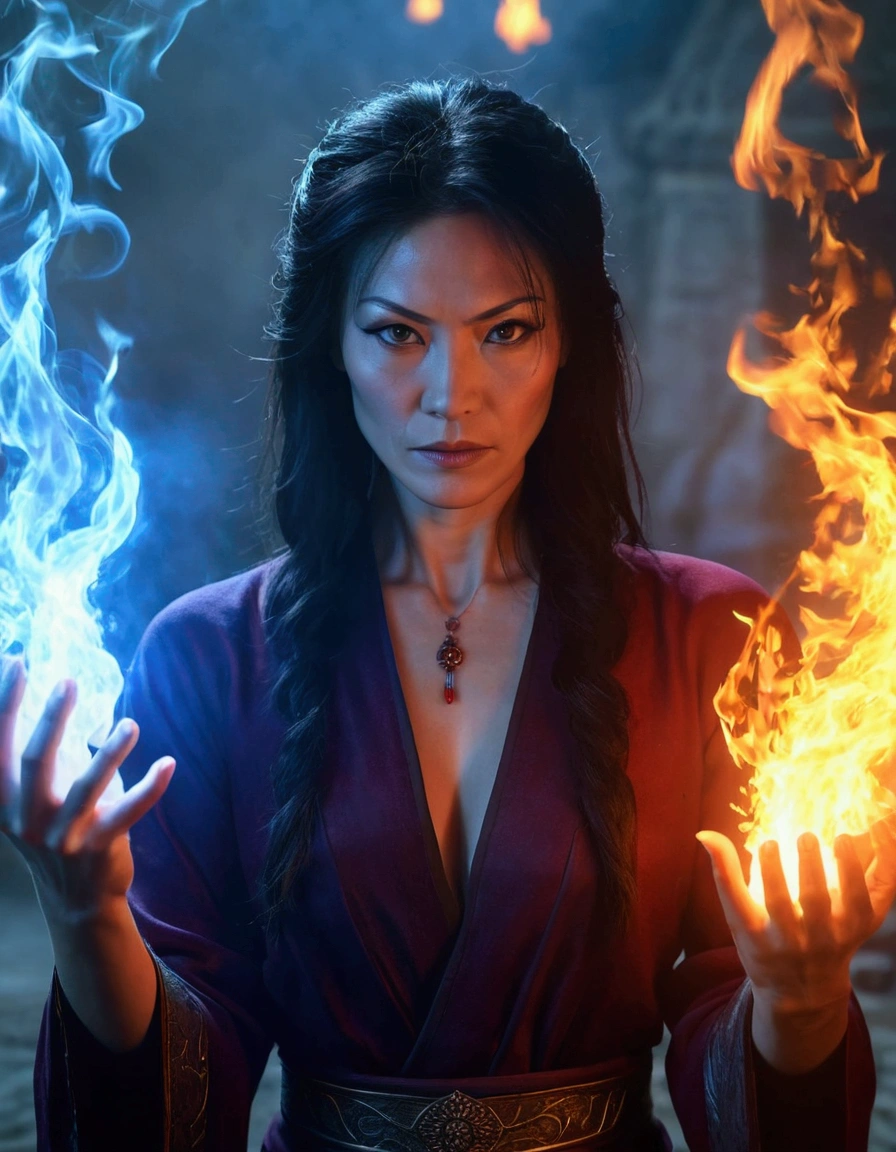 40 years old italian-japanese mixed breed beautiful woman model as queen azula expelling fire from her hand as fire bender, real model, real people, real scene, real skin texture, HDR, Hyperrealistic,Photorealistic image, dynamic lighting, volumetric illumination, 4 K, awarded, real scene