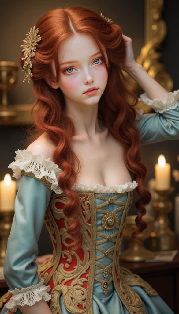 Woman long curly red hair, skin tanned, medium breasts, silver colored Victorian dress