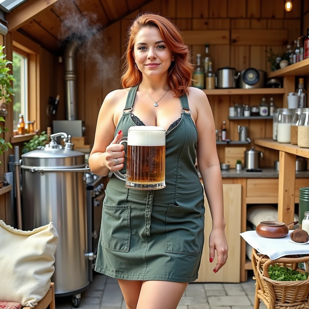 Frontal view. High quality. Full-length photo. Beautiful pleasant woman 30-32 years old, medium hanging full-breasted, short wavy dark red hair slicked back, in a dark green short small sized kitchen apron with hohloma deep neckline on her naked body, brewing homemade beer. Naked gorgeous legs X-position and (knees:1.1). Lovely nice knees. Divine waist. Beautiful hips. Hanging tits. She is gorgeous. Red manicure. She is holding a mug full of fresh beer with a large foamy head in her hand. The home brewery is located outside. In the background is a private house, a modern vat for brewing beer, a stove, bags of grain, spices, hops and a lot of utensils. A little steam is visible. Very light photo. Daylight. Lots of daylight. The face is brightly lit by daylight. The sun is shining on the front of the body. The sun is behind the photographer.
