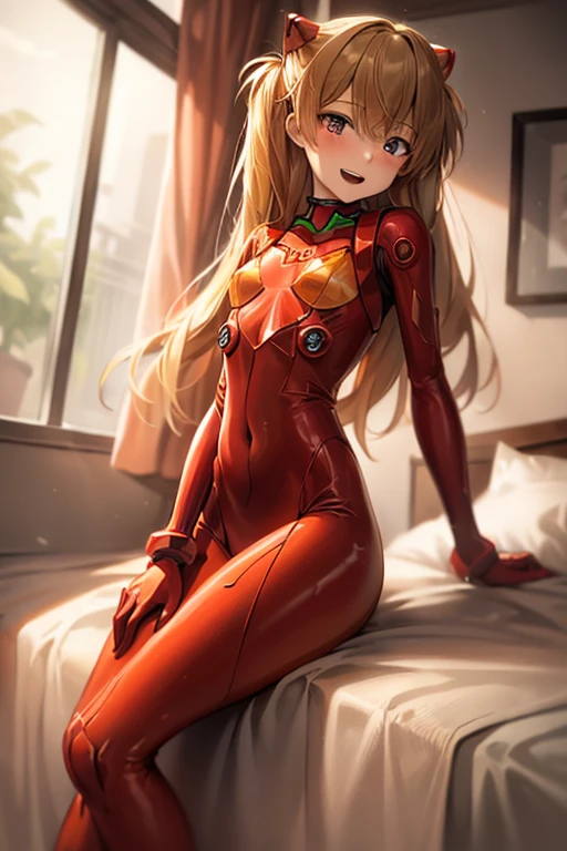 (( top quality )), ((masterpiece)), (be familiar with),  perfect face, indoor, bedroom,  viewers,
One woman,  Soryu Asuka Langley,
 open mouth,  ecstatic expression beside the piano, blush, smile,
 small tits,  flat chest, Young girl, Lori,  s,  girl,
 long hair,  Twin Tails ,
Leg spread,