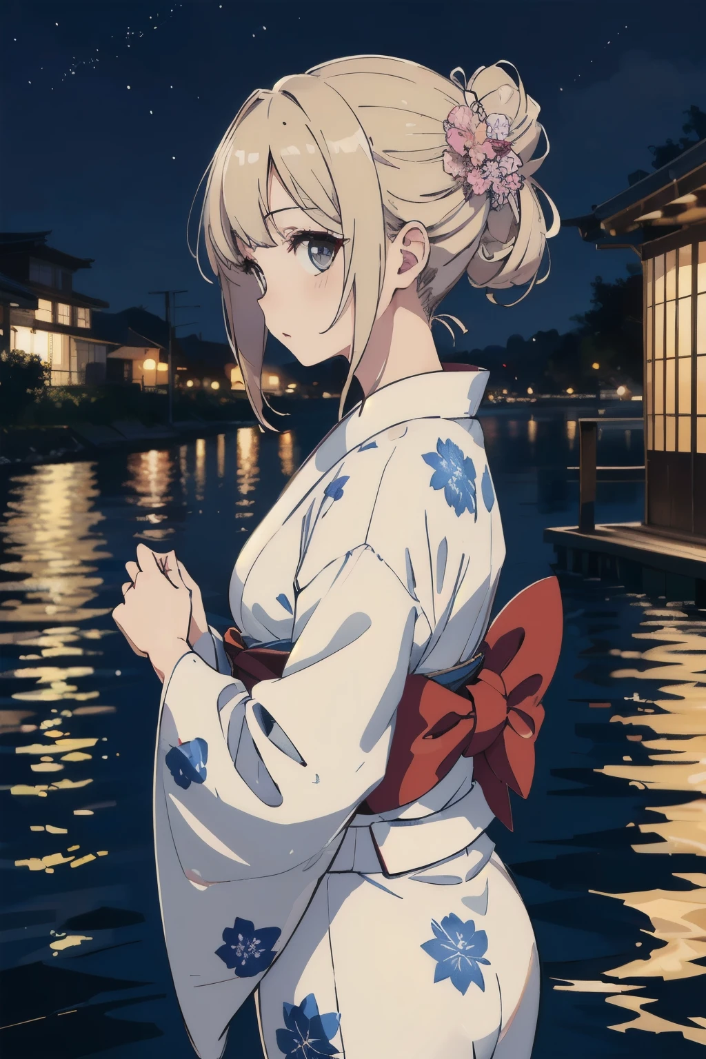 best quality, high resolution, ultra detailed, 
1girl, solo, wearing Yukata, light-colored floral pattern, profile, eyes down, updo, stray hair, evening cool, riverside