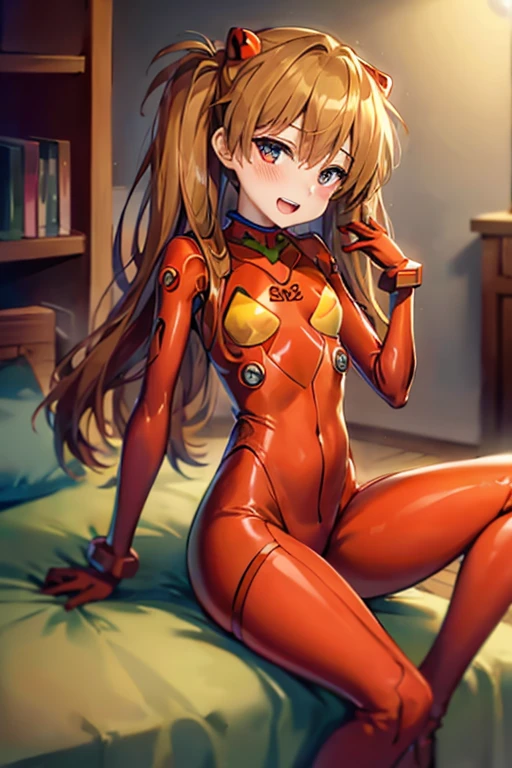 (( top quality )), ((masterpiece)), (be familiar with),  perfect face, indoor, bedroom,  viewers,
One woman,  Soryu Asuka Langley,
 open mouth,  ecstatic expression beside the piano, blush, smile,
 small tits,  flat chest, Young girl, Lori,  s,  girl,
 long hair,  Twin Tails ,
Leg spread,