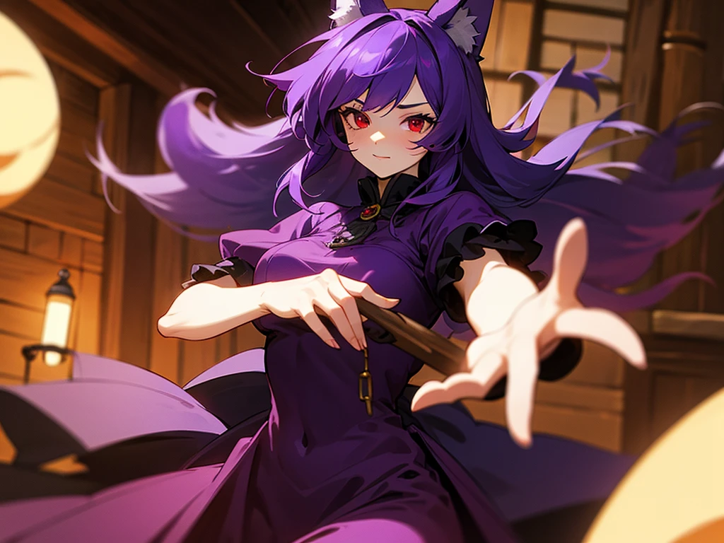 Tall guy, long dark purple hair, fox ears, purple eyes, open kimono, open chest, chains, smile, masterpiece, high quality