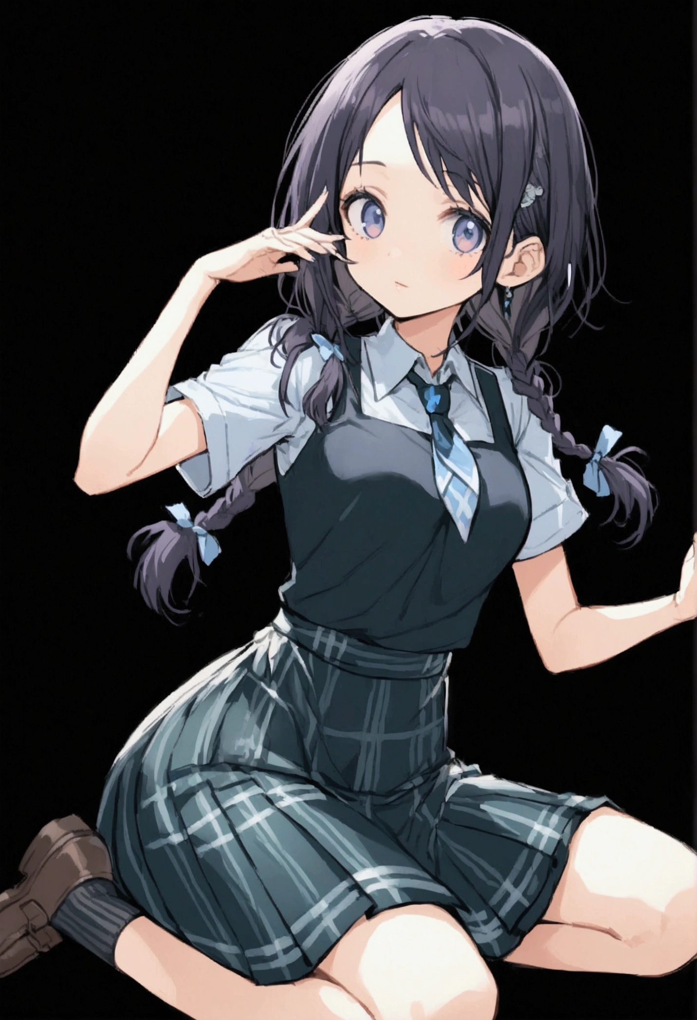 masterpiece、Highest quality、Very detailed))、One girl、Black Hair、Black Hair、twintails、blunt bangs、Grey Eyes、evil smile、((Grin))、((lots of piercings))、((Small breasts))、((White collared shirt))、((A bow tie))、((gray sweater vest))、((gray plaid skirt))、((white buggysocks))、loafers、((squatting))、((stripe panties))、Shoot from below、Classroom Background, looking at my penis.