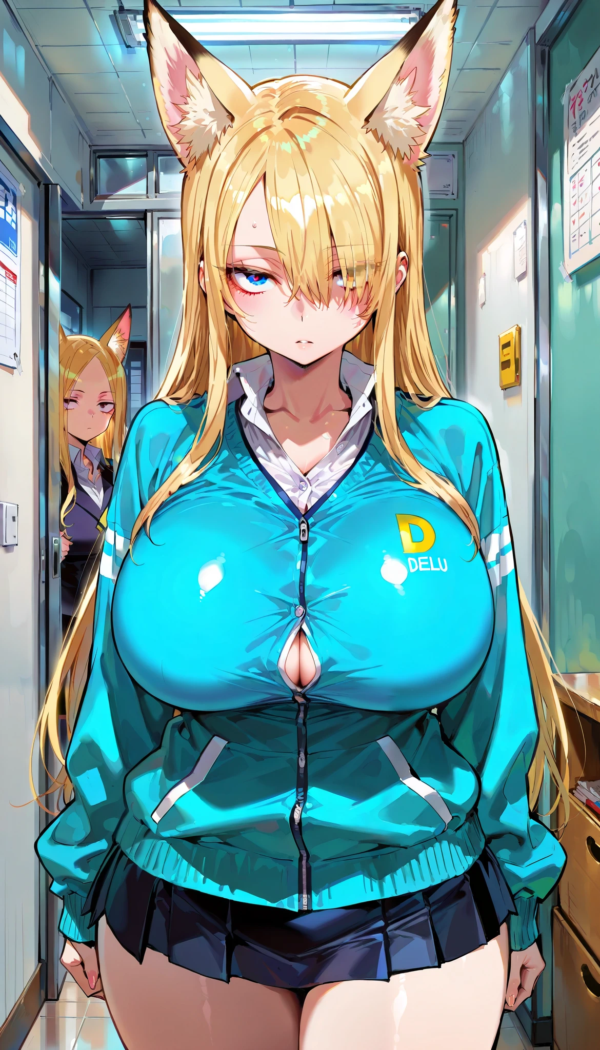 score_9, score_8_up, score_7_up,(hi-quality,high resolution),Cold Stare,(Fox Ears),(forehead,long hair over one eye),((side parted hair)),((huge breasts)),Narrow eyes,Clear Eyes,Perfect Eyes,Blonde,Long Hair,Old room,((bousouzoku)),((yankee)),((Delinquent Girl)),gal,mini skirt, clothes are exposed,(cowboy shot)