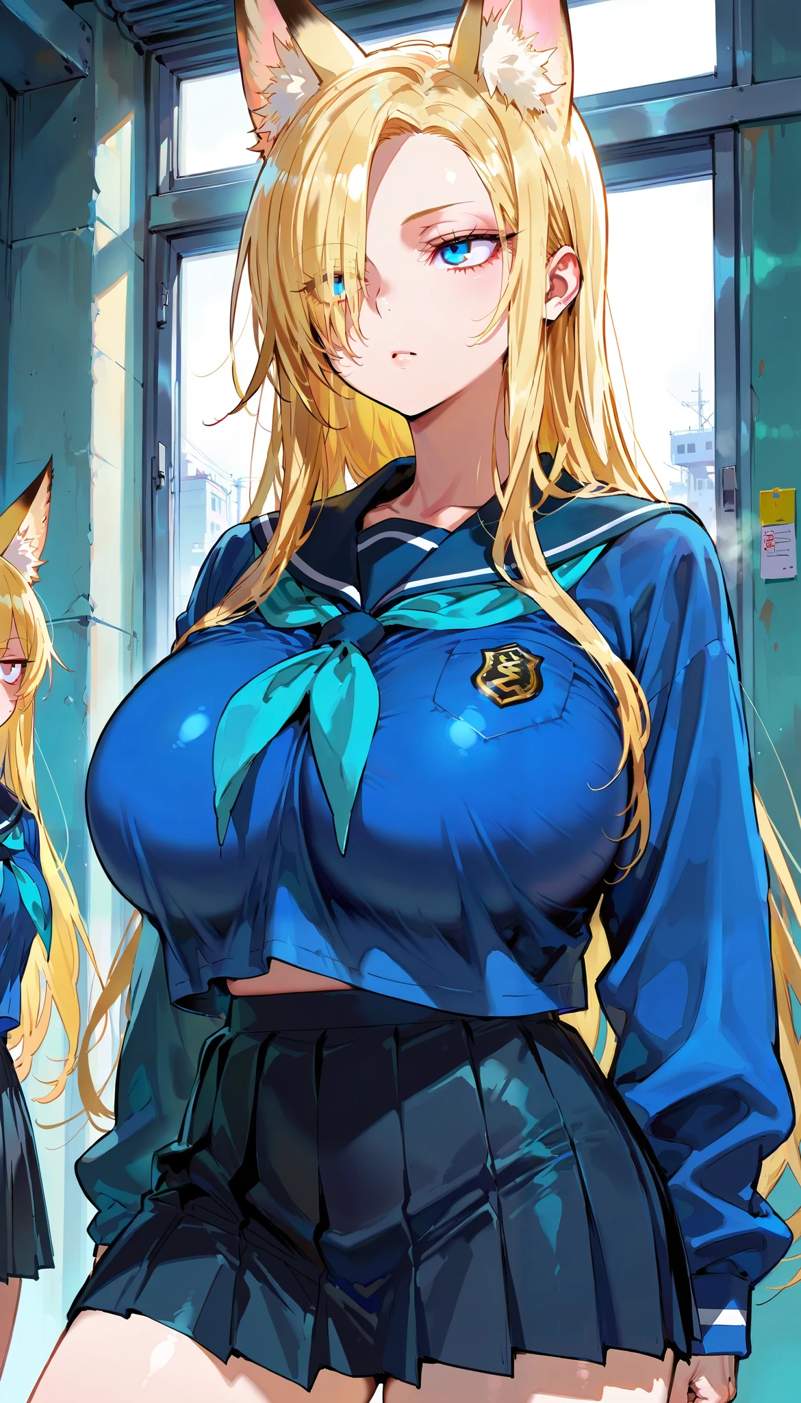 score_9, score_8_up, score_7_up,(hi-quality,high resolution),Cold Stare,(Fox Ears),(forehead,long hair over one eye),((side parted hair)),((huge breasts)),Narrow eyes,Clear Eyes,Perfect Eyes,Blonde,Long Hair,Old room,bousouzoku,((Delinquent Girl)),gal,mini skirt, clothes are exposed,(cowboy shot)