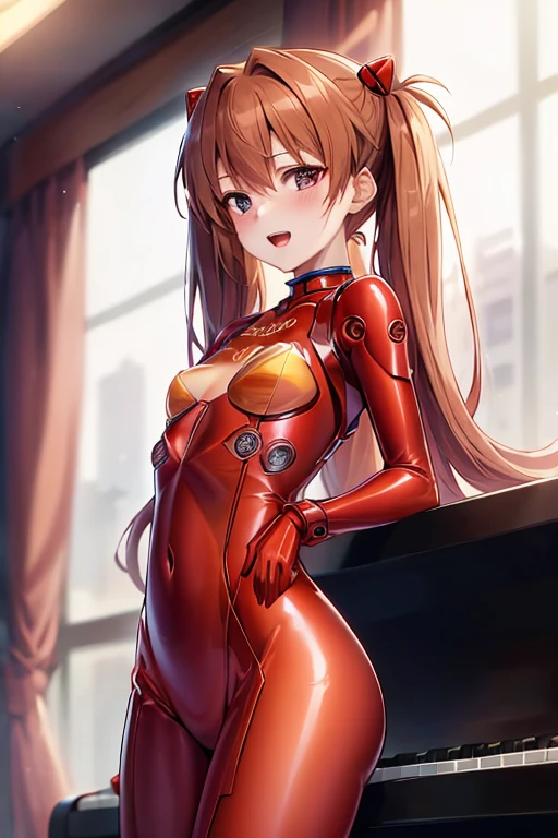 (( top quality )), ((masterpiece)), (be familiar with),  perfect face, indoor, bedroom,  viewers,
One woman,  Soryu Asuka Langley,
 open mouth,  ecstatic expression beside the piano, blush, smile,
 small tits,  flat chest, Young girl, Lori,  s,  girl,
 long hair,  Twin Tails ,
Leg spread,