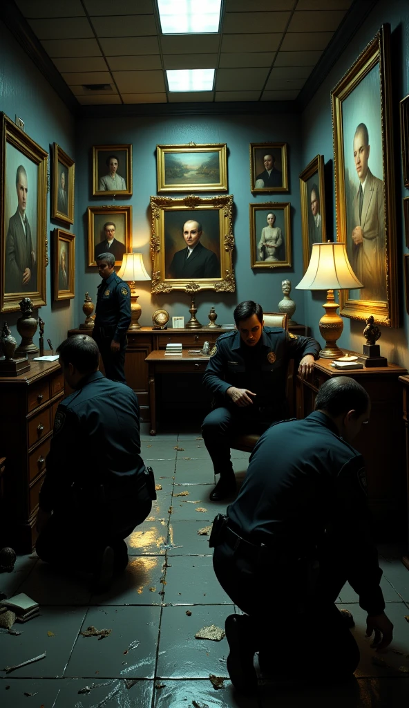  police in the office surrounded by their valuable works of art, The night and the environment , the office room ,  must be dark and charged with tension ,  with police officers investigating 