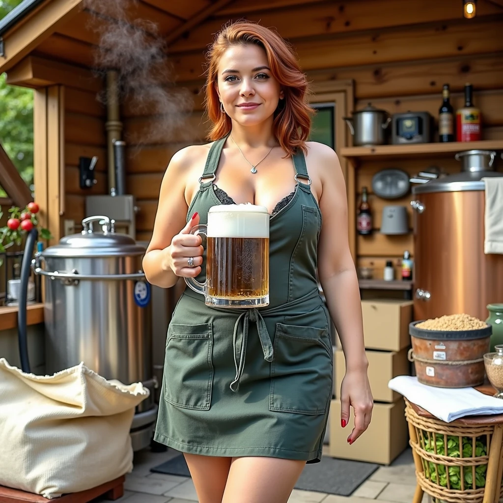 Frontal view. High quality. Full-length photo. Beautiful pleasant woman 30-32 years old, medium hanging full-breasted, short wavy dark red hair slicked back, in a dark green short small sized kitchen apron with hohloma deep neckline on her naked body, brewing homemade beer. Naked gorgeous legs X-position and (knees:1.1). Lovely nice knees. Divine waist. Beautiful hips. Hanging tits. She is gorgeous. Red manicure. She is holding a mug full of fresh beer with a large foamy head in her hand. The home brewery is located outside. In the background is a private house, a modern vat for brewing beer, a stove, bags of grain, spices, hops and a lot of utensils. A little steam is visible. Very light photo. Daylight. Lots of daylight. The face is brightly lit by daylight. The sun is shining on the front of the body. The sun is behind the photographer.
