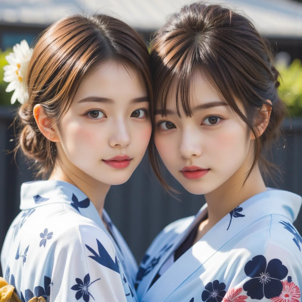 Breathtaking beauty,  perfect composition ,  proper placement , Golden Ratio,  high definition ,  top quality ,  exquisite resolution,  super detailed ,masterpiece,  Photorealistic , 8k,  2 beautiful Japanese women ,  2 mature adult Japanese women ,  wearing a Japanese yukata ,  flower-patterned yukata :1.331,  flat chest:1.331,  slender body:1.331, Thin limbs:1.331, Slim waist:1.331, Slim waist:1.331,  small butt, COMPLETE ANATOMY :1.331,  have small heads :1.331, Brown Hair,  chignon hair:1.21,  detailed face ,  delicate and realistic oily skin texture , Blurry outdoor background ,  dynamic and emotional movie light,  waiting to start