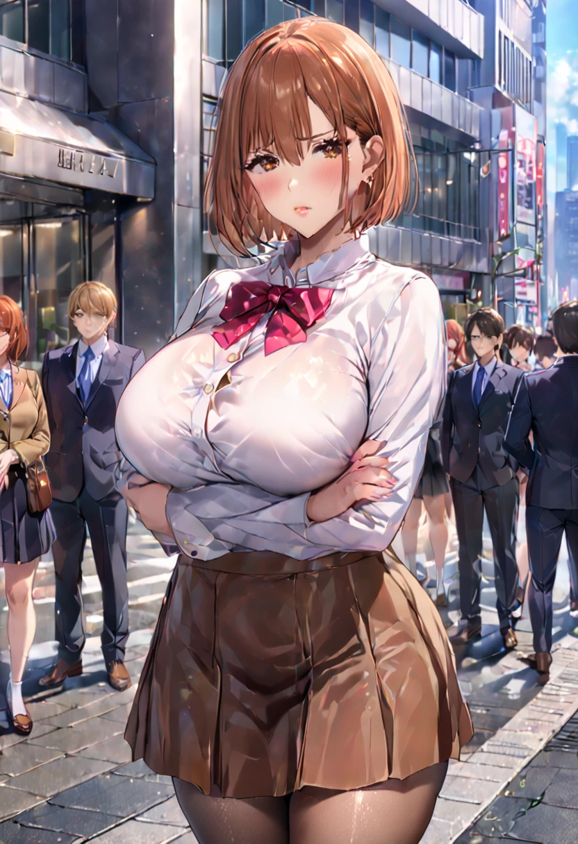     detailed face    ,     detailed body rendering   ,   Alone、  masterpiece ,     High Quality    , 8k,   is written by,    thigh thickness , shiny skin,SKINNING    ,{{{{{    game cg}}}}},, 最    High Quality    ,     High Quality   ,     very sophisticated ,In the city,Big Breasts, thick thighs, shiny skin,引き締まった体、 Nagasaki Wild Rose、 Nagasaki Wild Rose、 bob cut、 brown eyes、Brown Hair、　orange hair,lips、 short hair、Big Breasts、, School uniform、 skirt、 pantyhose、blush, frowns, standing with different breasts , cross your arms a little