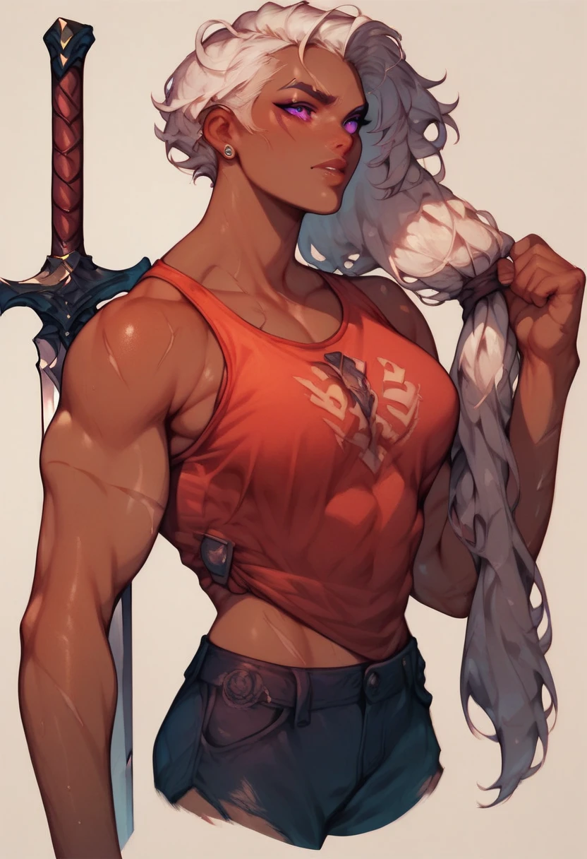 Purple eyes, white hair, slightly dark skin color, somewhat tall and athletic structure, body full of scars, doesn't wear a shirt, the hammer forging a sword and a wall full of swords