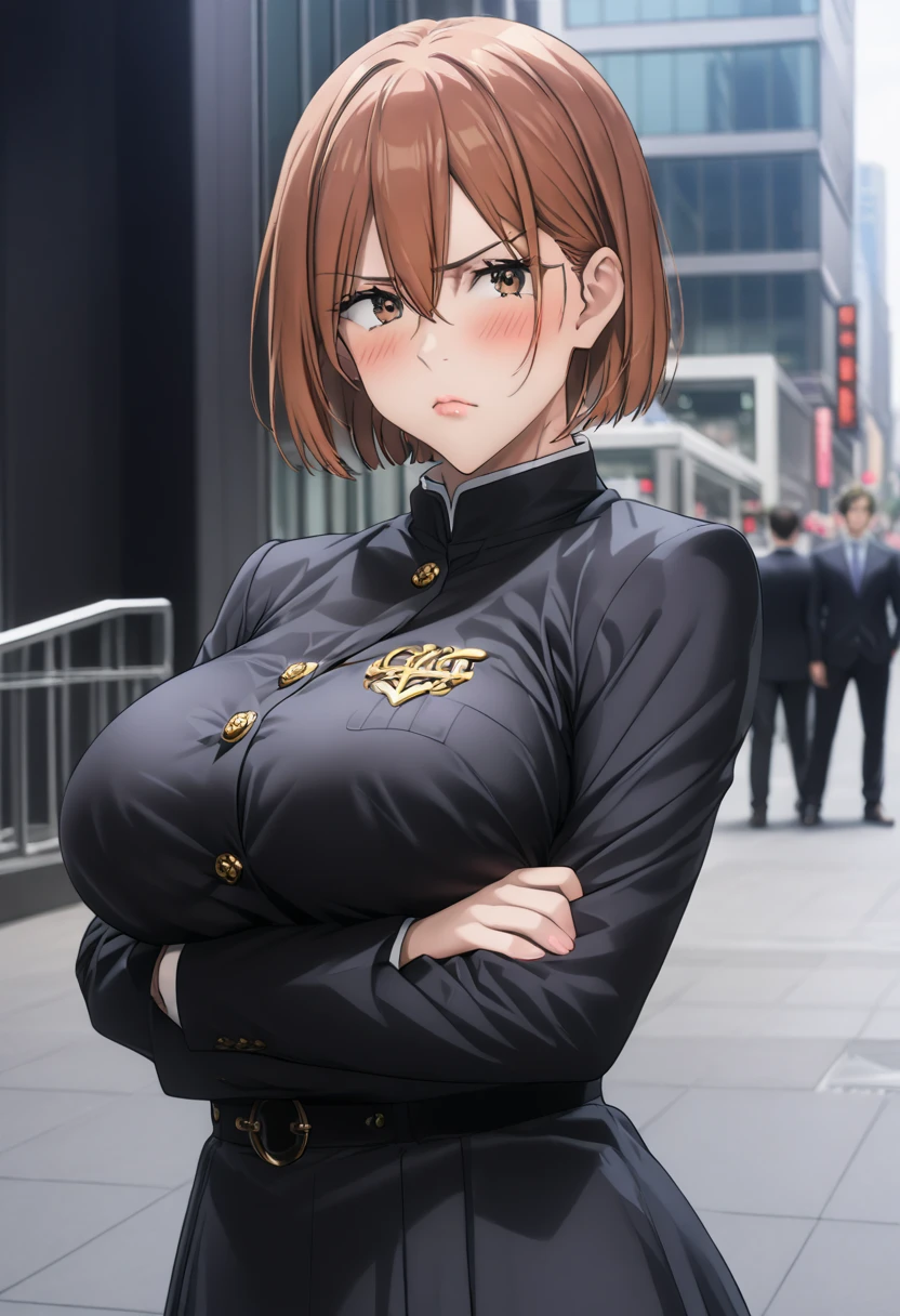     detailed face    ,     detailed body rendering   ,   Alone、  masterpiece ,     High Quality    , 8k,   is written by,    thigh thickness , shiny skin,SKINNING    ,{{{{{    game cg}}}}},, 最    High Quality    ,     High Quality   ,     very sophisticated ,In the city,Big Breasts, thick thighs,引き締まった体、 Nagasaki Wild Rose、 Nagasaki Wild Rose、 bob cut、 brown eyes、orange hair,lips、 short hair、Big Breasts、,  Nagasaki Wild Rose、 brown hair 、 brown eyes、Big Breasts、 black uniform、 black pantyhose,(( standing with different breasts )), cross your arms a little、blush, frowns