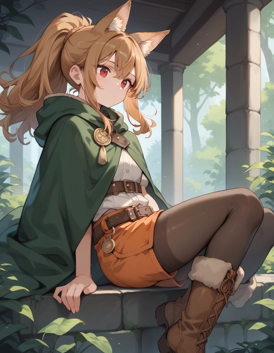 Wolf Girl, short,fine, Olive Hair, red eyes,ponytail, long hair,Fluffy hair , Unkempt Hair ,Big tail,Leather boots,Brown tights, orange shorts, plain cloth clothes ,green old cloak ,