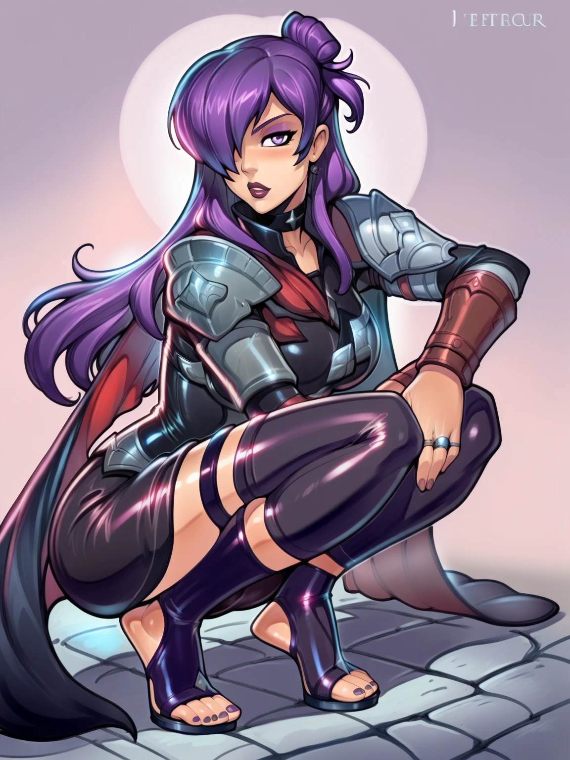 score_9, score_8_up, score_7_up, BREAK, masterpiece, best quality, shez, hair over one eye, choker, armor, cape, black dress, single glove,reiq art style,stirrup legwear,purple hair,squatting,feet,perfect feet,dynamic pose,single hair bun,wearing toe rings