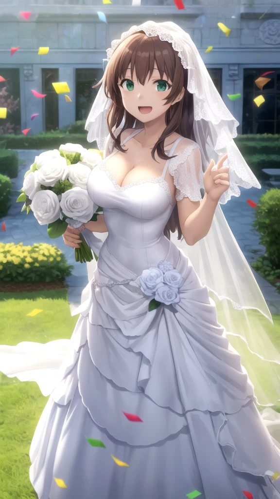 masterpiece, best quality, highres, Kazuma Satou, girl, Brown hair, Green Eyes, large breasts, wedding Dress, standing, garden, confetti, holding bouquet, smile, open mouth,