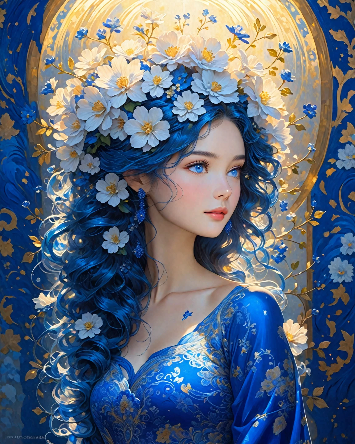 "A beautiful and radiant young woman , with long waves of blue hair shining with light . Her dress,  adorned with complex and elegant patterns in cobalt blue, highlights her figure with grace,  while her bearing reflects confidence and sophistication . his eyes, full of life,  complement the harmony of her appearance ,  creating a truly captivating image ."