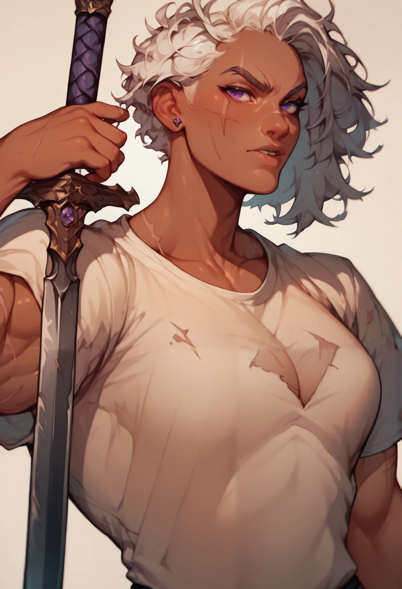 Purple eyes, white hair, slightly dark skin color, somewhat tall and athletic structure, body full of scars, doesn't wear a shirt, the hammer forging a sword and a wall full of swords