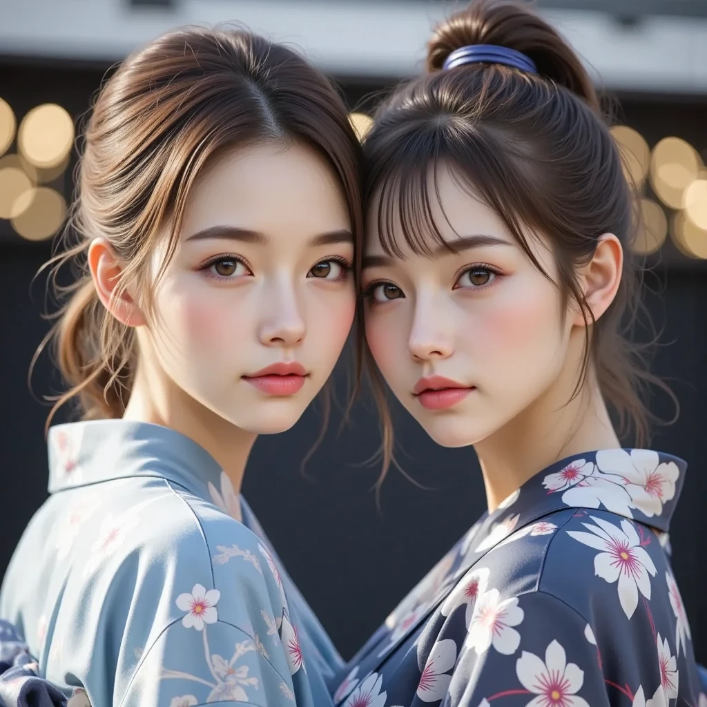 Breathtaking beauty,  perfect composition ,  proper placement , Golden Ratio,  high definition ,  top quality ,  exquisite resolution,  super detailed ,masterpiece,  Photorealistic , 8k,  2 beautiful Japanese women ,  2 mature adult Japanese women ,  wearing a Japanese yukata ,  flower-patterned yukata :1.331,  flat chest:1.331,  slender body:1.331, Thin limbs:1.331, Slim waist:1.331, Slim waist:1.331,  small butt, COMPLETE ANATOMY :1.331,  have small heads :1.331, Brown Hair,  chignon hair:1.21,  detailed face ,  delicate and realistic oily skin texture , Blurry outdoor background ,  dynamic and emotional movie light,  waiting to start