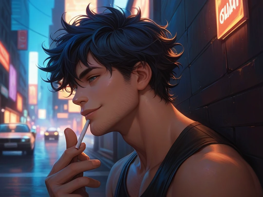 He has dark blue-black messy hair and is casually leaning with his back against a wall on a nighttime urban street. The background features people, cars, and lit-up shops, creating a vibrant evening city atmosphere. He holds a lit cigarette in his hand, turns his head lazily to the side with a sexy, half-smile.His pose is relaxed and confident, capturing a cooL vibe."