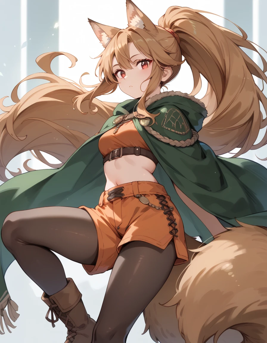 Wolf Girl, short,fine, Olive Hair, red eyes,ponytail,very long hair,Fluffy hair , Unkempt Hair ,Big tail,Leather boots,Brown tights, orange shorts, plain cloth clothes ,green short old cloak,