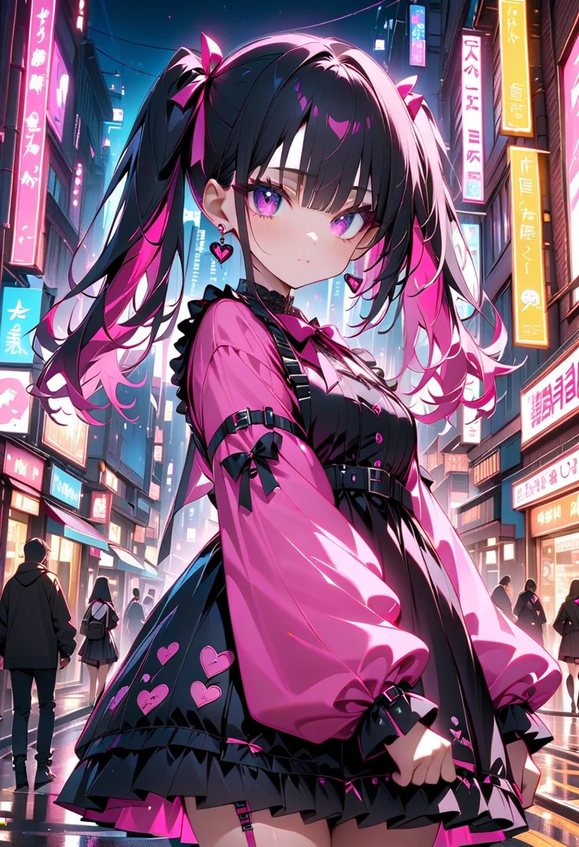 1 girl, (landmine girl), cute, dark, menhera, jirai kei, straight black hair in twin tails, pink inner color, jirai kei attire, pink and black clothes, (detailed beautiful face, finely detailed beautiful eyes), earrings, ribbon, cute pose, (in the city, night), (cowboy shot, face focus), deep depth of field, stunning, fascinating, enchanting, cinematic lighting, cinematic composition, anime style, vibrant colors, thin lines, dreamlike, absurdres, highres, masterpiece, best quality, newest, very aesthetic, ultra quality, high detailed, anatomically correct, perfect hands,