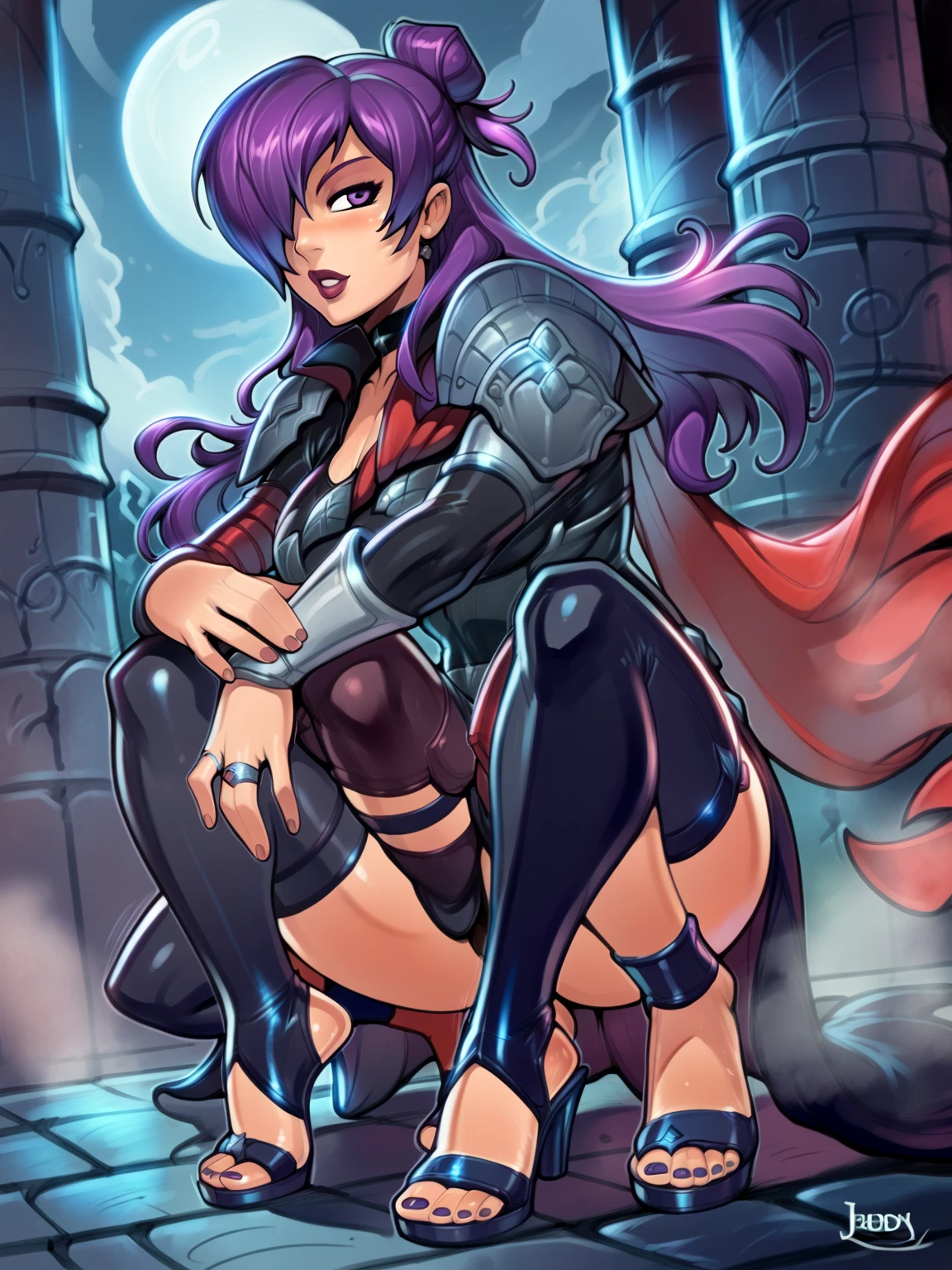 score_9, score_8_up, score_7_up, BREAK, masterpiece, best quality, shez, hair over one eye, choker, armor, cape, black dress, single glove,reiq art style,stirrup legwear,purple hair,squatting,feet,perfect feet,dynamic pose,single hair bun,wearing toe rings