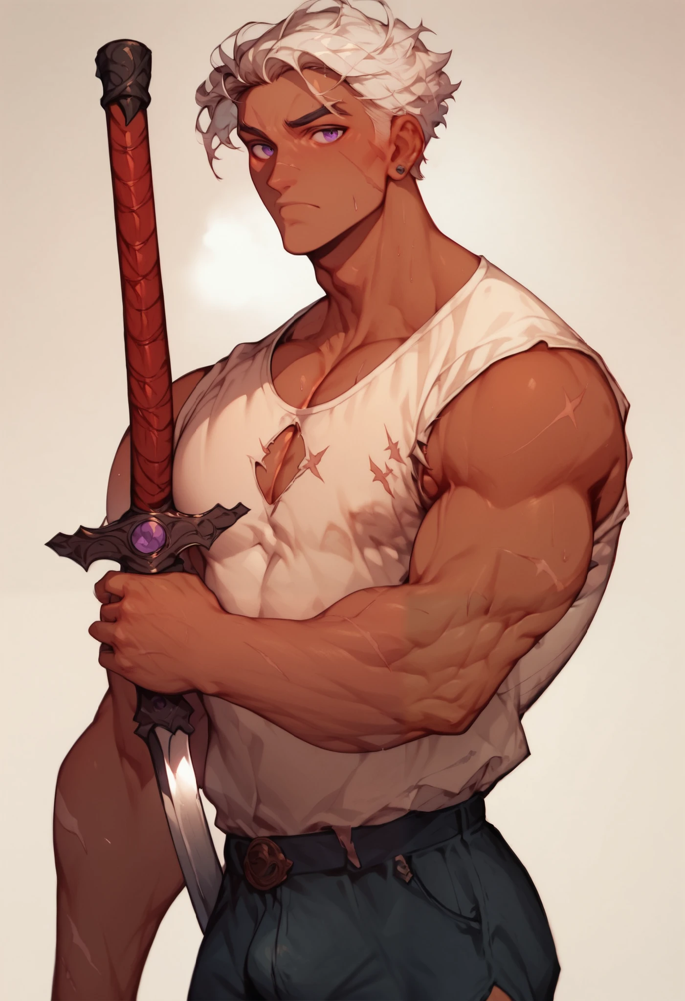 Man,Purple eyes, white hair, slightly dark skin color, somewhat tall and athletic structure, body full of scars, doesn't wear a shirt, the hammer forging a sword and a wall full of swords 