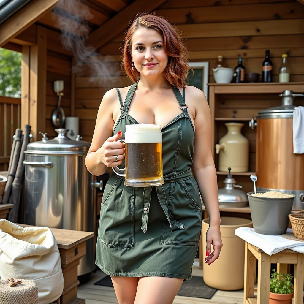 Frontal view. High quality. Full-length photo. Beautiful pleasant woman 30-32 years old, medium hanging full-breasted, short wavy dark red hair slicked back, in a dark green short small sized kitchen apron with hohloma deep neckline on her naked body, brewing homemade beer. Naked gorgeous legs X-position and (knees:1.1). Lovely nice knees. Divine waist. Beautiful hips. Hanging tits. She is gorgeous. Red manicure. She is holding a mug full of fresh beer with a large foamy head in her hand. The home brewery is located outside. In the background is a private house, a modern vat for brewing beer, a stove, bags of grain, spices, hops and a lot of utensils. A little steam is visible. Very light photo. Daylight. Lots of daylight. The face is brightly lit by daylight. The sun is shining on the front of the body. The sun is behind the photographer.
