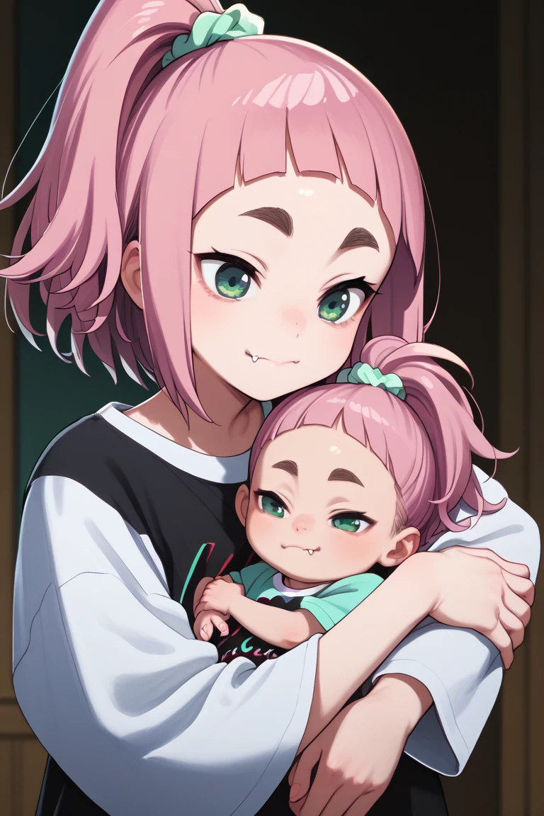  source_anime,
kiuiwatase, kiui watase, short hair, bangs, hair ornament, green eyes, pink hair, thick eyebrows, hair scrunchie, scrunchie, ponytail, blunt bangs,
skin fang, medium breasts,            mother and baby, small girl,hugging up, (((african baby))),