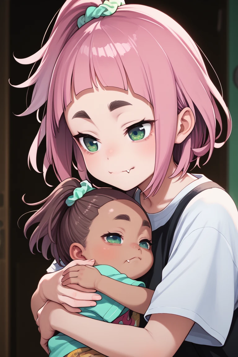  source_anime,
kiuiwatase, kiui watase, short hair, bangs, hair ornament, green eyes, pink hair, thick eyebrows, hair scrunchie, scrunchie, ponytail, blunt bangs,
skin fang, medium breasts,            mother and baby, small girl,hugging up, (((african baby))),