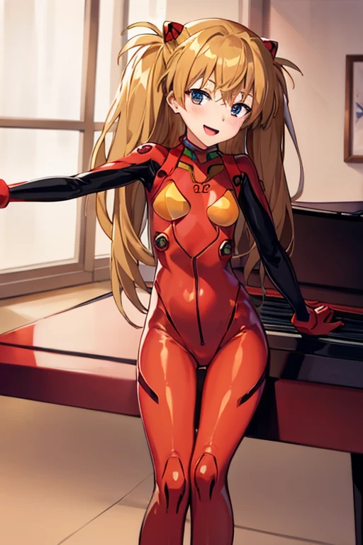 (( top quality )), ((masterpiece)), (be familiar with),  perfect face, indoor, bedroom,  viewers,
One woman,  Soryu Asuka Langley,
 open mouth,  ecstatic expression beside the piano, blush, smile,
 small tits,  flat chest, Young girl, Lori,  s,  girl,
 long hair,  Twin Tails ,
Leg spread,