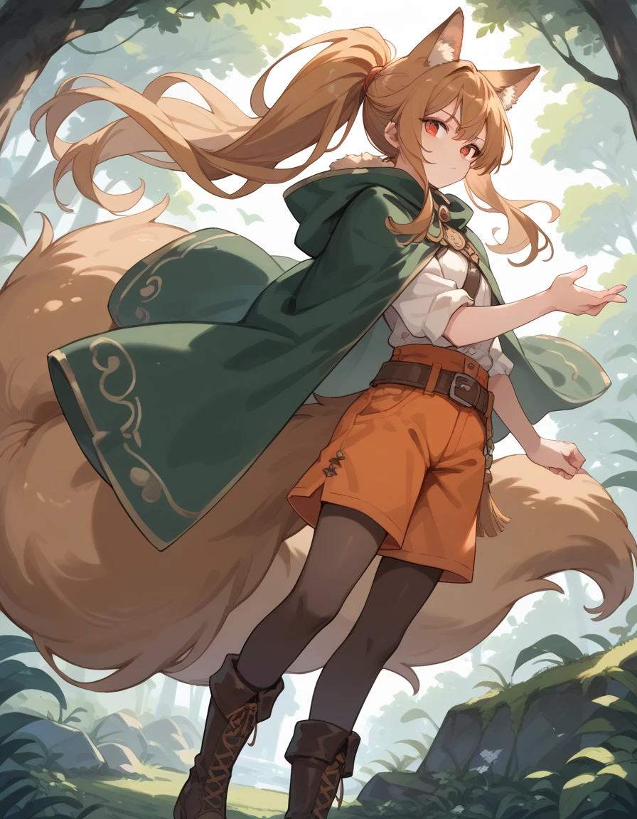 Wolf Girl, short,fine, Olive Hair, red eyes,ponytail,very long hair,Fluffy hair , Unkempt Hair ,Big tail,Leather boots,Brown tights, orange shorts, plain cloth clothes ,green old cloak ,