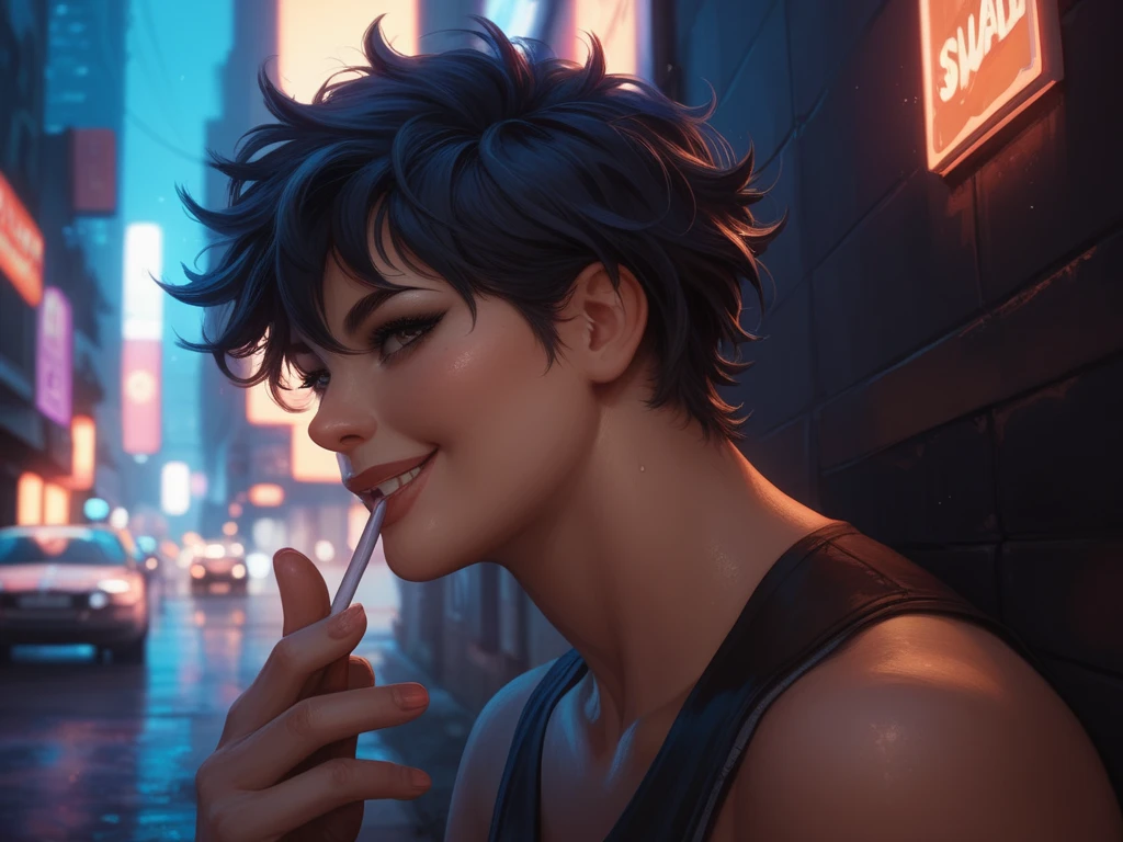 the image starting from his hips upward He has dark blue-black messy hair and is casually leaning with his back against a wall on a nighttime urban street. The background features people, cars, and lit-up shops, creating a vibrant evening city atmosphere.  sexy, half-smile.His pose is relaxed and confident, capturing a cooL vibe."