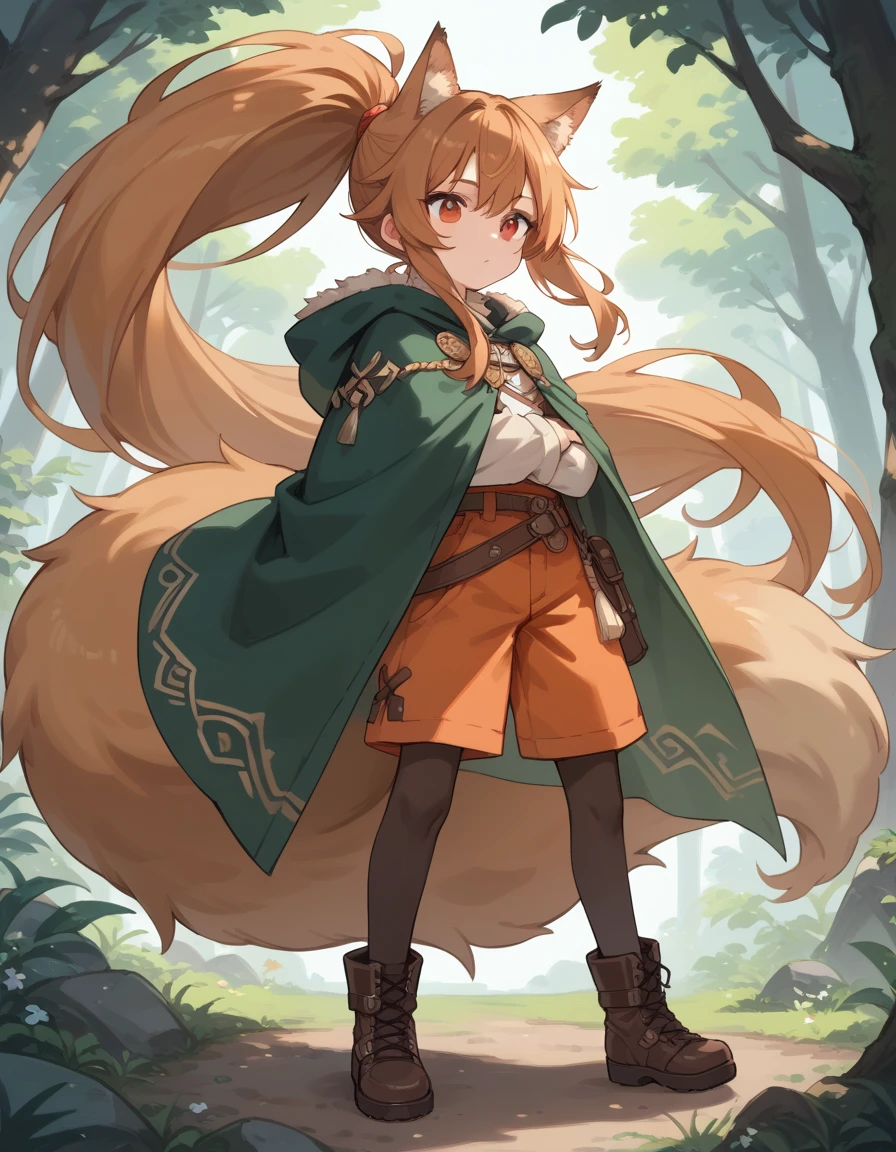 Wolf Girl, short,fine,Young girl,Olive Hair, red eyes,ponytail,very long hair,Fluffy hair , Unkempt Hair ,Big tail,Leather boots,Brown tights, orange shorts, plain cloth clothes ,green old cloak ,