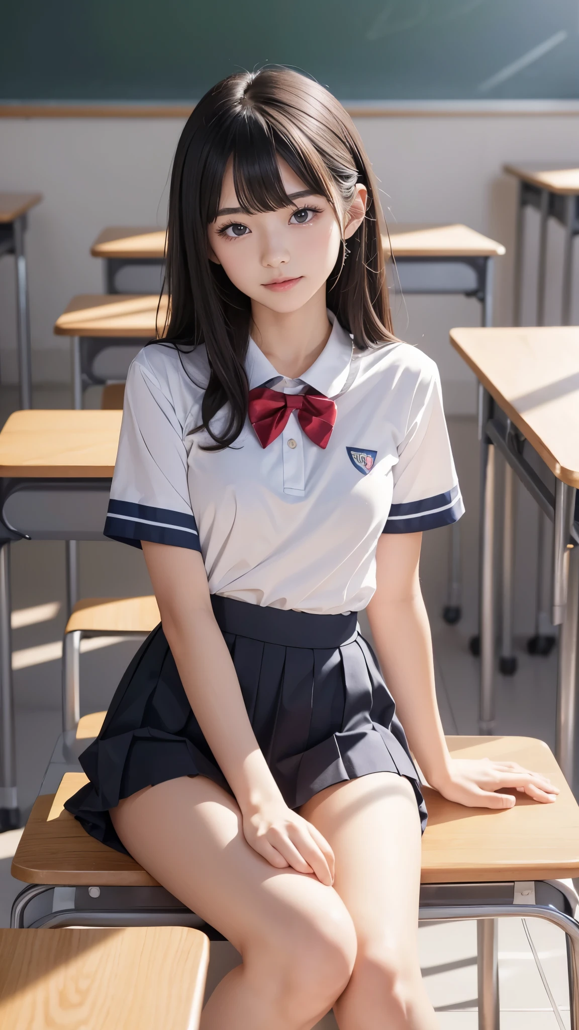 (1ung girl), kawaii, (highly detailed Beautiful face), Amazing face and eyes, (Best Quality:1.4), (Ultra-detailed), (extremely detailed CG unified 8k wallpaper), Highly detailed, High-definition raw color photos, Professional Photography, Realistic portrait, twintails, (hi-school uniform, pleated mini skirt:1.3), (hi-school uniform with wide open breasts:1.2), Sitting, (open your legs), cameltoe, depth of fields, School, classroom, (fine face:1.2),