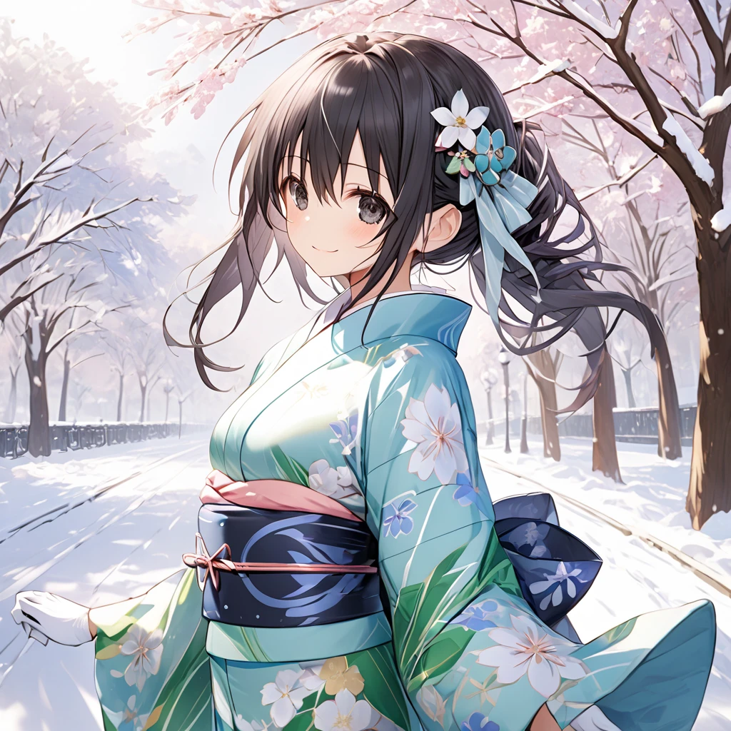 ( 1 girl), Green \(Neptunia )\, black hair, black eyes,(smile:1.5)、blush、(low ponytail:1.5), (long sidelocks:1.5), ,( small tits:1.5),(Floral Yukata:1.5),( muffler :1.5),(white thigh high :1.5),gloves,snow,Park Walkway、 Dynamic Poses、( perfect anatomy ),( best quality), ( ultra hi-res), (超 high definition ), ( Highly Detailed CG), (32K), (masterpiece)、eyesHD