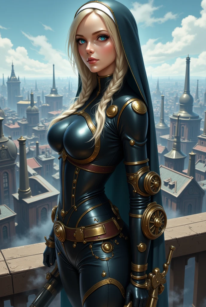 ((masterpiece)) ((photography)) ((Highest quality))  A detailed manga fantasy epic illustration of a young woman dressed in a short black and white nun's habit, blending elegance and practicality, standing on a Victorian-style urban rooftop. She has blonde hair, carefully braided, and piercing blue eyes that glow with intensity. Her robe is form-fitting, adorned with metallic details and utility belts, featuring steampunk elements like pockets and holsters decorated with small gears. In one hand, she holds an ancient weapon, a fusion of a flintlock pistol and advanced technology. The background shows a panorama of slate rooftops and chimneys, with a clear sky and industrial structures on the horizon. The atmosphere exudes a mix of mystery and action in an alternate universe combining steampunk and gothic aesthetics.