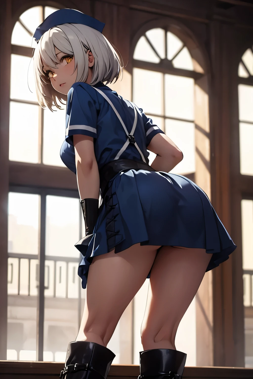 Filian, sexy huge thighs, cat ears, Short School Skirt, panties, back view, wet