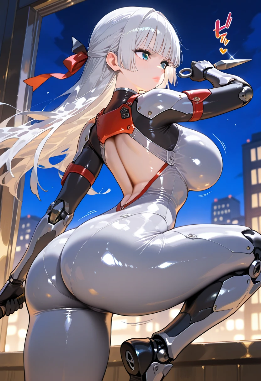 Best Quality,Shiny skin,1 female in her 30s,beautfull Japanease woman,Villain,(femdom),(Full body), ((hip tattoo)),silver blond,(High Ponytail),Brown eyes,Big breasts,Big ass,(Chubby body type),((from behind)),(((Sitting backwards))),((Crawling on all fours)),((hip focus)), (A white bikini and a small white military hat that focus on the sagging thighs)),((white and red leather high thigh boots) ),showing the shoulders,Angry smile,Five Fingers,Shiny skin,(prison),Night,doggy style vaginalsex,