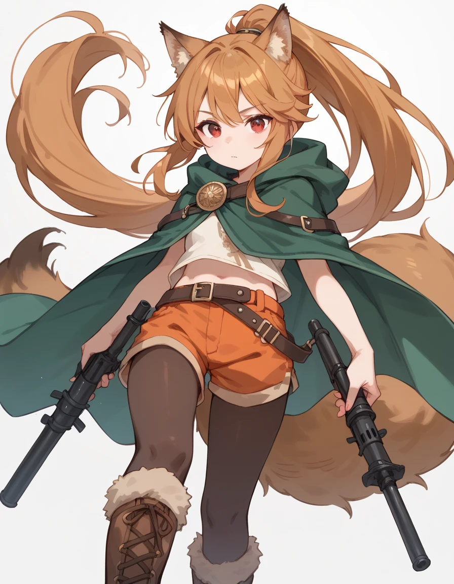 Wolf Girl, short,fine,Young girl,Olive Hair, red eyes,ponytail,very long hair,Fluffy hair , Unkempt Hair ,Big tail,Leather boots,Brown tights, orange shorts, plain cloth clothes ,green old cloak ,Crossbow