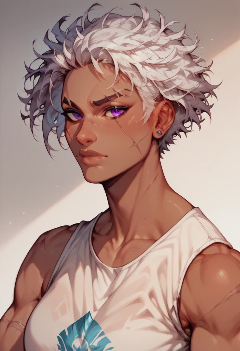 Purple eyes, white hair, slightly dark skin color, somewhat tall and athletic structure, body full of scars, doesn't wear a shirt, the hammer forging a sword and a wall full of swords Man Straight but messy hair with runes written near his eyes 