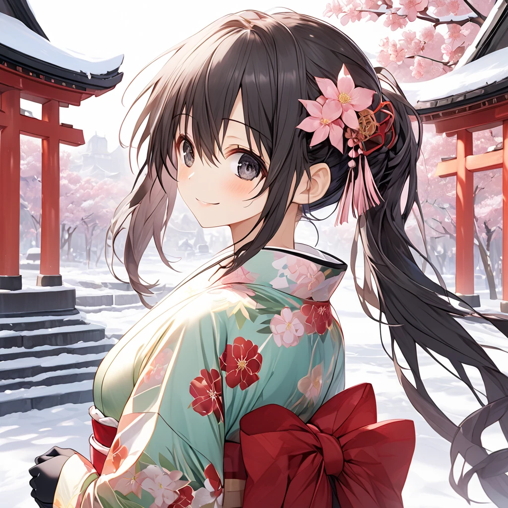 ( 1 girl), Green \(Neptunia )\, black hair, black eyes,(smile:1.5)、blush、(low ponytail:1.5), (long sidelocks:1.5), ,( small tits:1.5),(Floral Yukata:1.5),( muffler :1.5),gloves,snow,Shrine promenade、 Dynamic Poses、( perfect anatomy ),( best quality), ( ultra hi-res), (超 high definition ), ( Highly Detailed CG), (32K), (masterpiece)、eyesHD