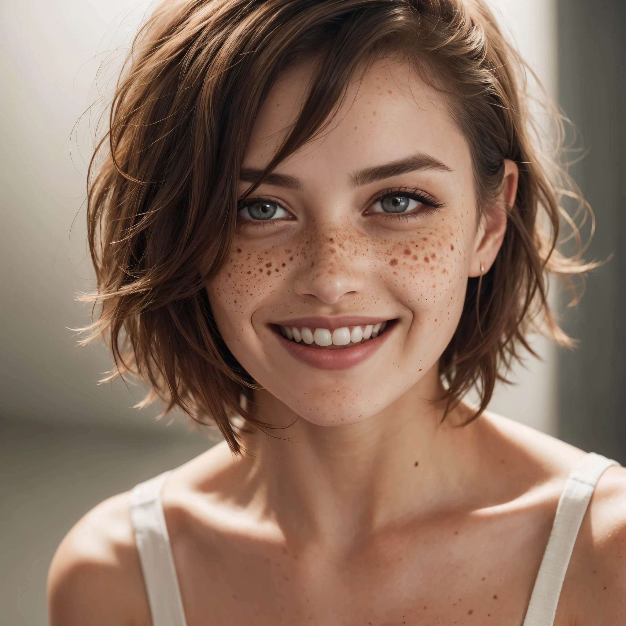 beautiful lady, (freckles), big smile, ruby eyes, short hair, dark makeup, hyperdetailed photography, soft light, head and shoulders portrait, cover
