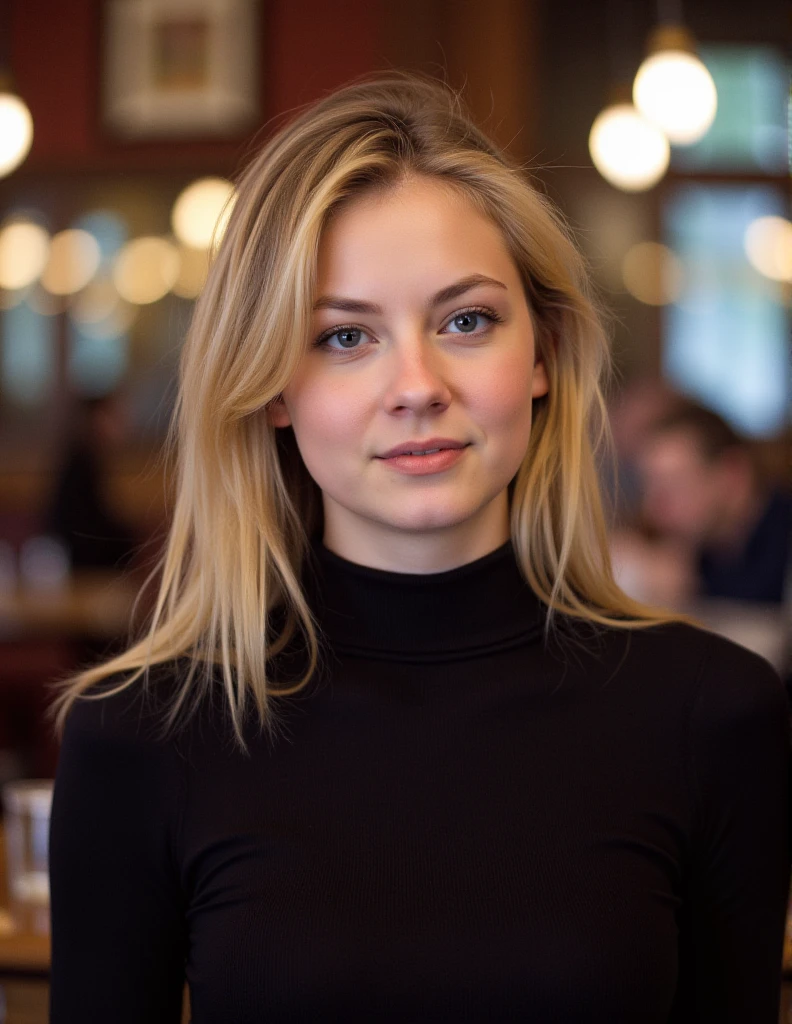 35mm portrait of a blonde woman, (wearing a turtleneck:1.5), having coiffee in a vintage cafe, professional, atmospheric haze, excellent dynamic range, masterpiece, excellent quality, ultra detailed, subtle lighting, soft focus, detailed shadows